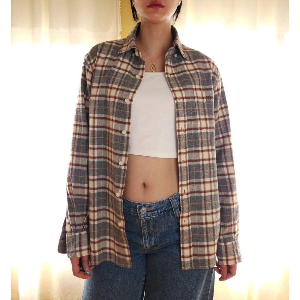 Vintage classic cotton flannel plaid casual button down shirt grey / oversized